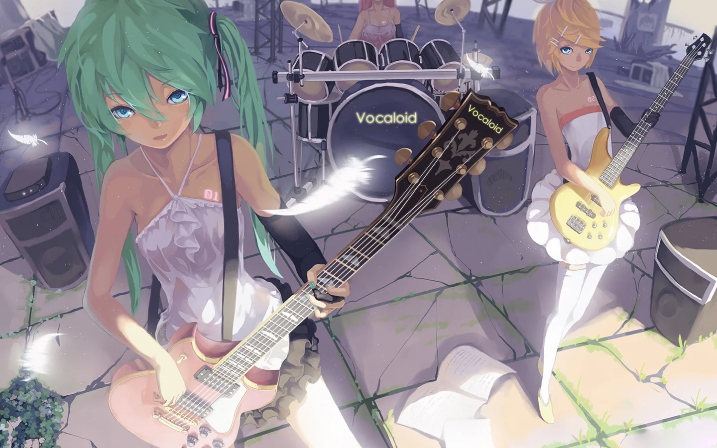вокалоид, гитара, девушки, kagamine rin, hatsune miku, игра, megurine luka