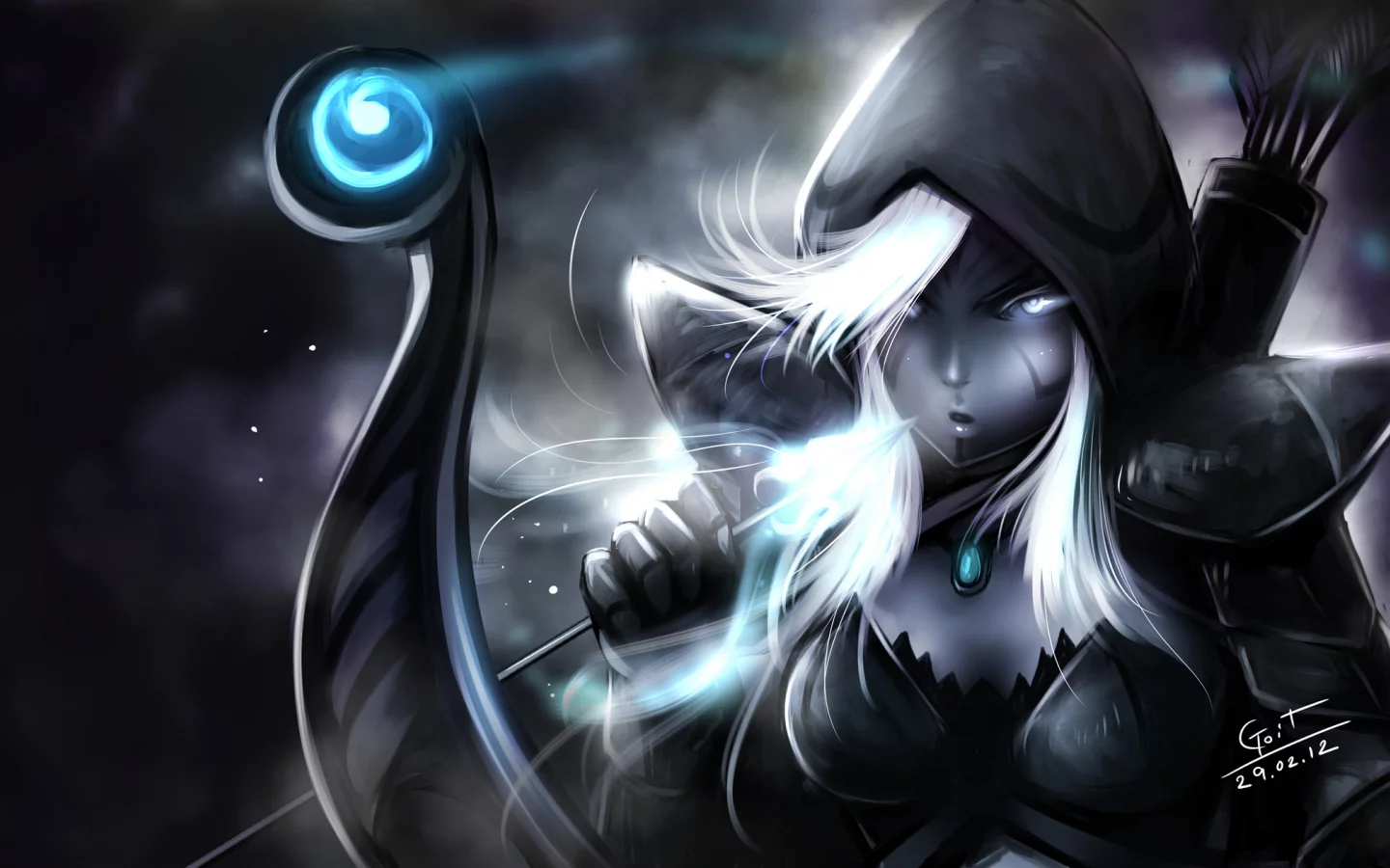 эльфийка, арт, стрела, лук, drow ranger, капюшон, девушка, dota 2