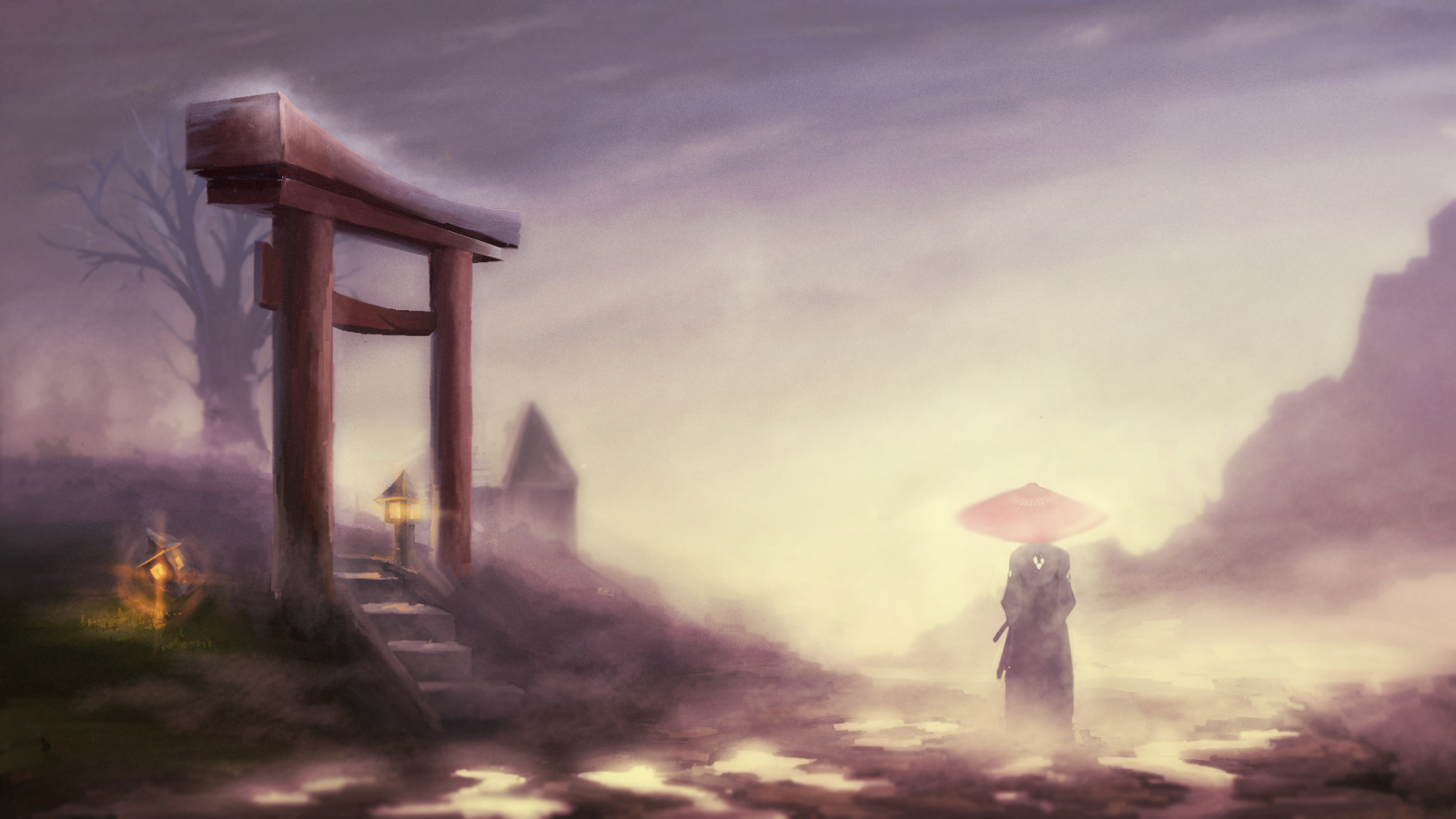 Картинка на рабочий стол самурай, туман, пейзаж, samurai champloo, jin,  мужчина, врата 1600 x 900