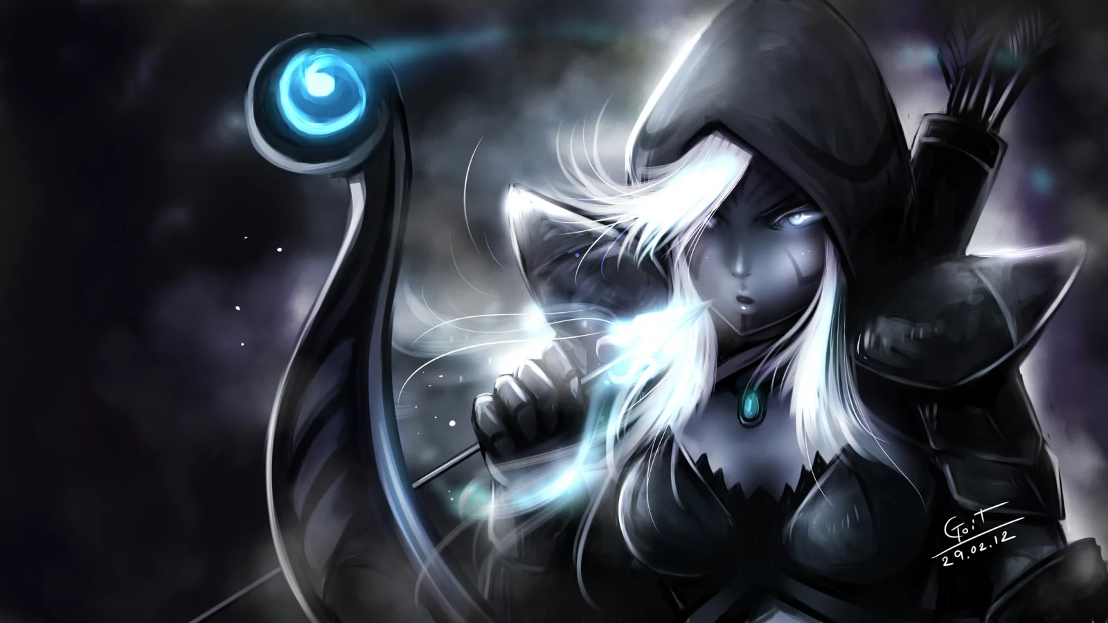 эльфийка, арт, стрела, лук, drow ranger, капюшон, девушка, dota 2