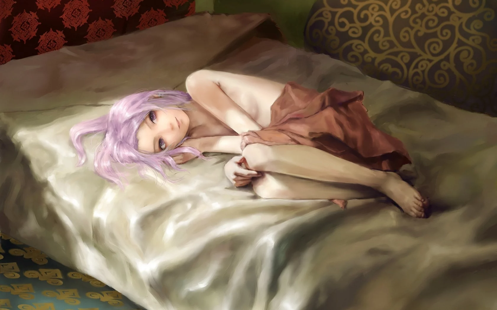 постель, gou noojisan, лежа, арт, gasai yuno, mirai nikki , девочка