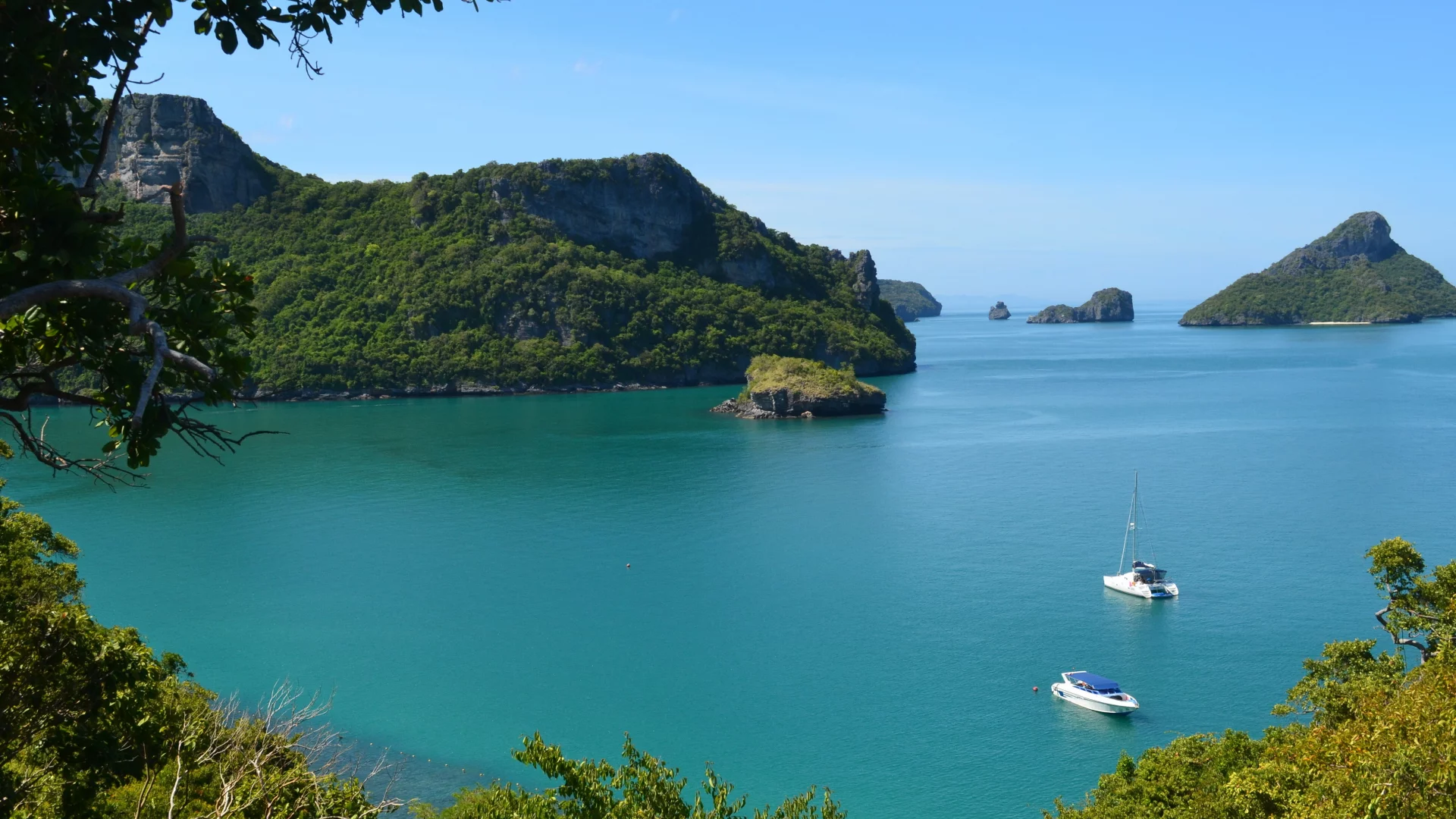 тайланд, океан, горы, thailand, деревья, катер, море
