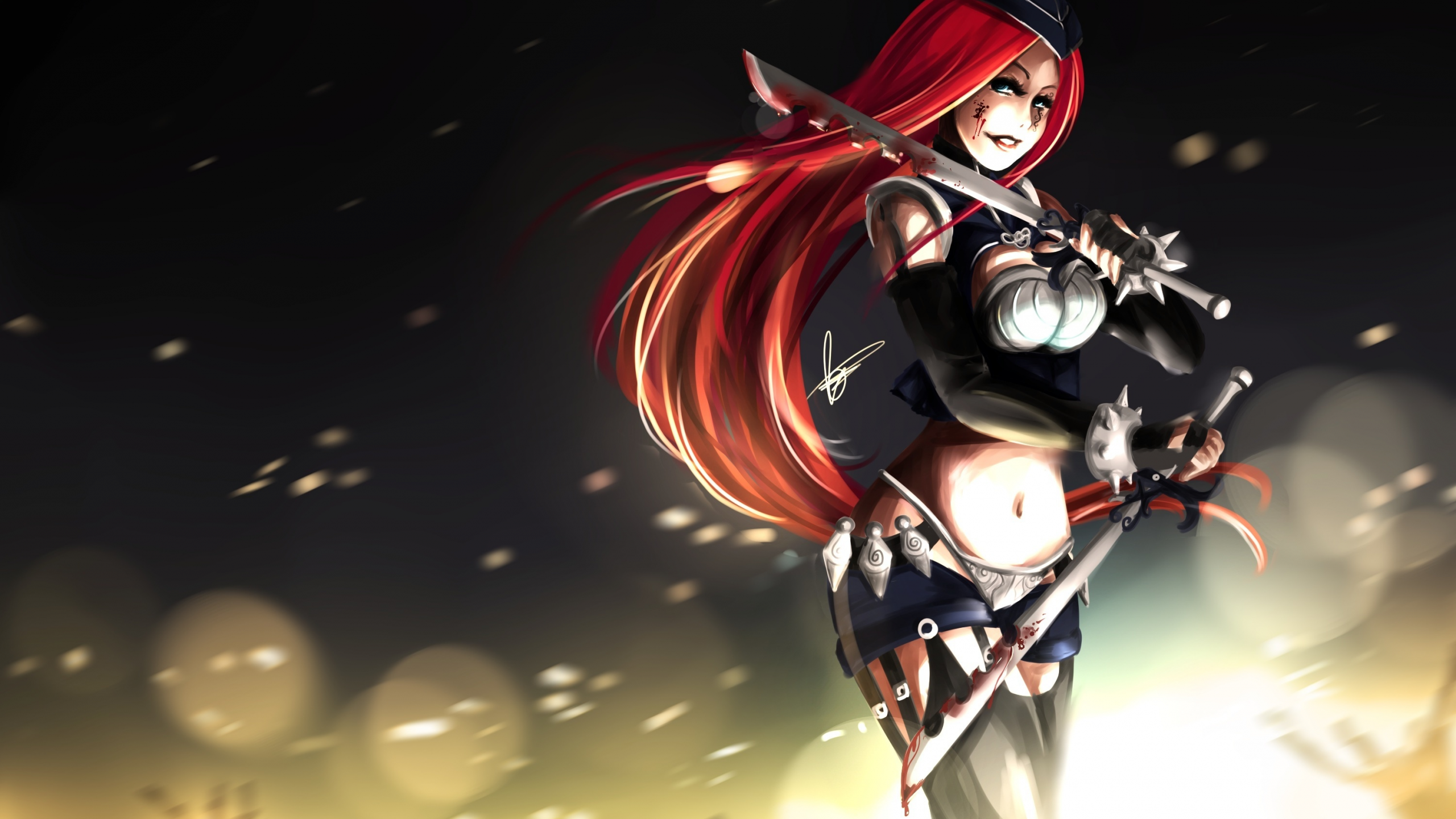 Картинка на рабочий стол оружие, арт, league of legends, katarina, искры,  кровь, девушка 2560 x 1440