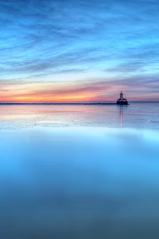 голубое, море, закат, вода, маяк, гладь, вечер