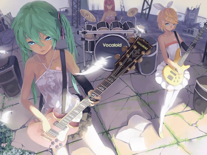 вокалоид, гитара, девушки, kagamine rin, hatsune miku, игра, megurine luka