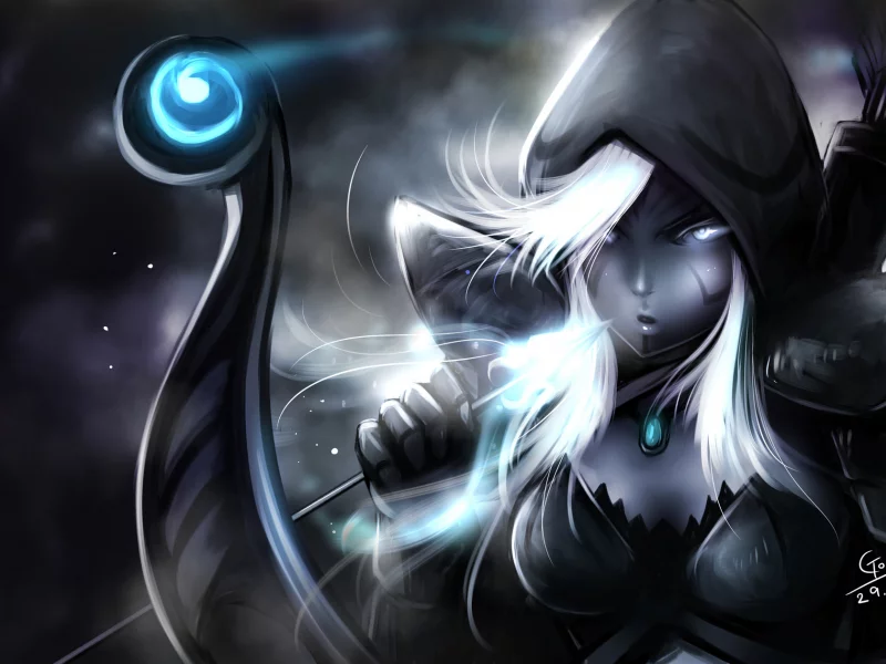 эльфийка, арт, стрела, лук, drow ranger, капюшон, девушка, dota 2