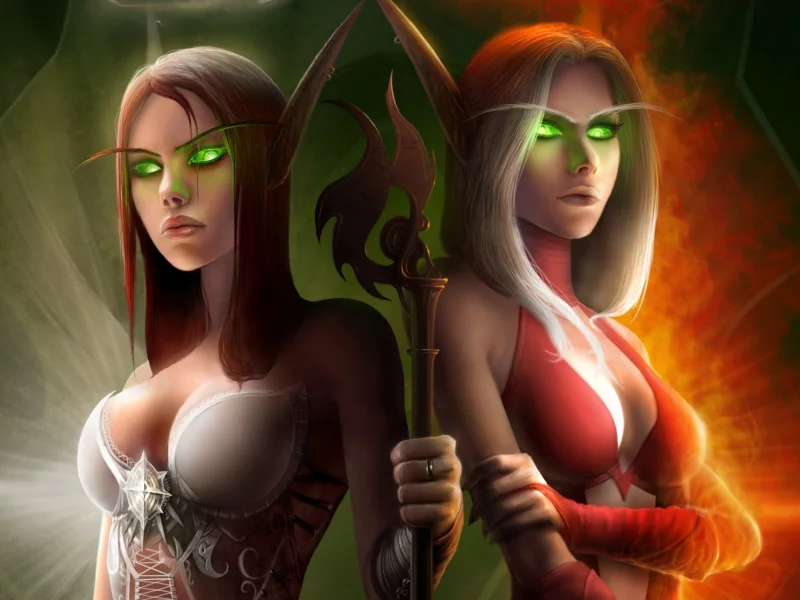 эльфийки, wow, горящие глаза, костюмы, world of warcraft, посох