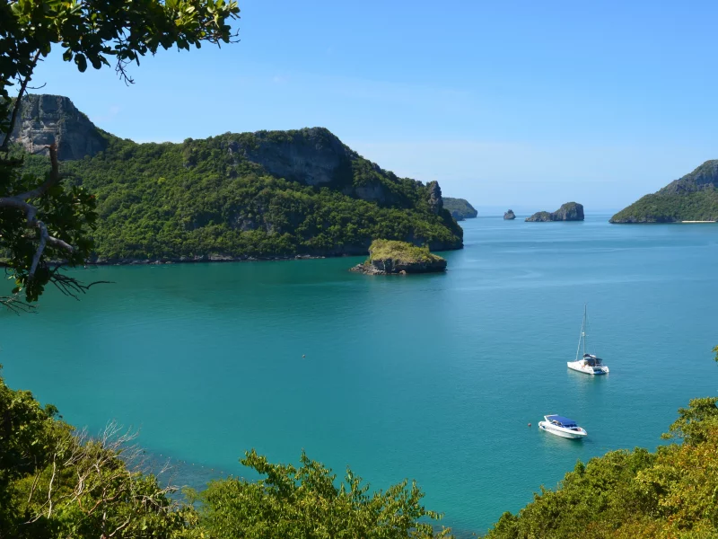тайланд, океан, горы, thailand, деревья, катер, море