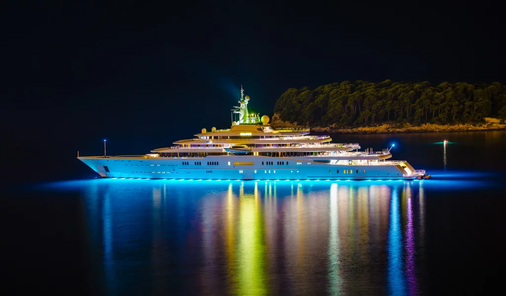 ночь, yacht, роскошная, eclipse, яхта, остров, огни, мега