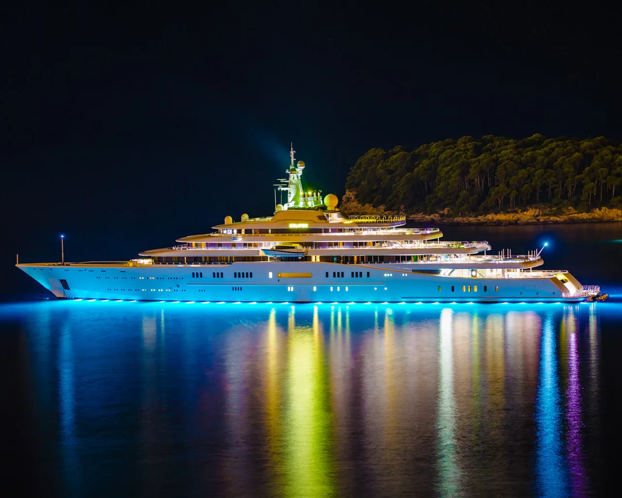 ночь, yacht, роскошная, eclipse, яхта, остров, огни, мега