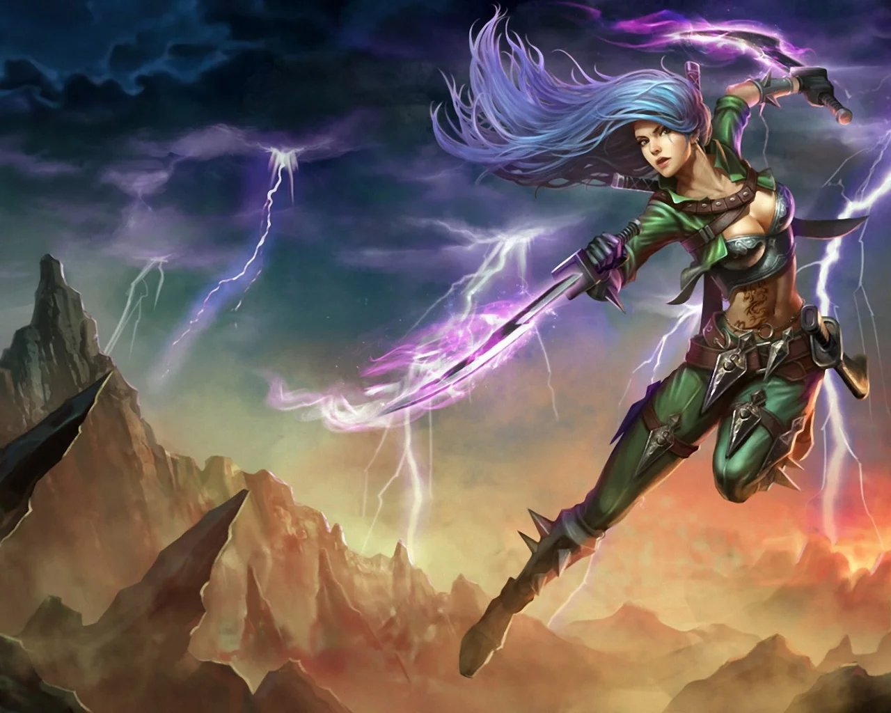 league of legends, оружие, katarina, арт, прыжок, мечи, девушка