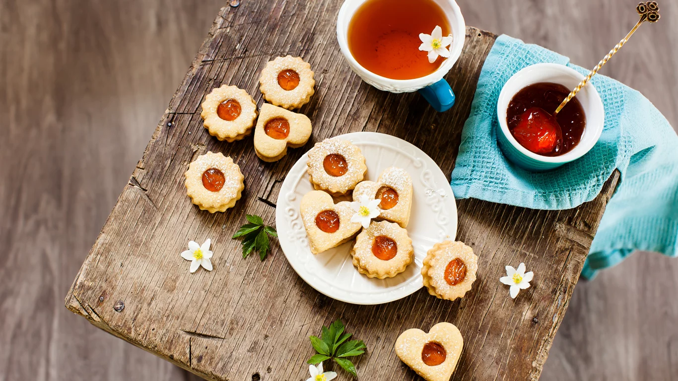 чашка, сердце, печенье, цветы, пить, чай, сладкое, формы