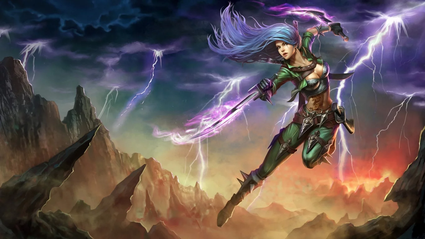 league of legends, оружие, katarina, арт, прыжок, мечи, девушка