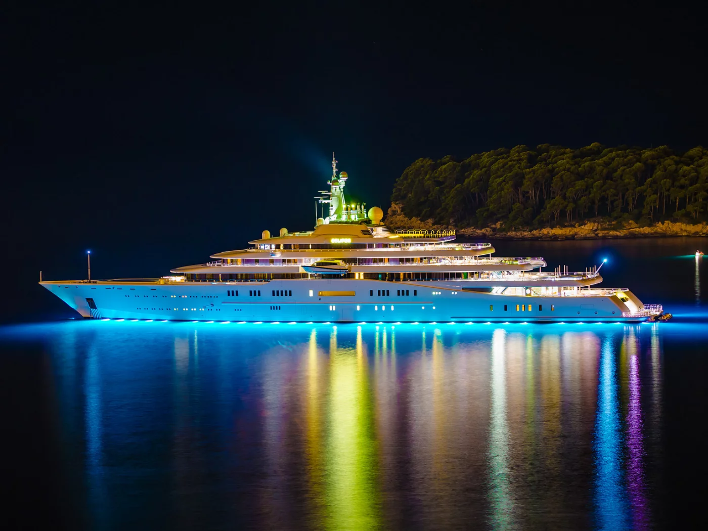 ночь, yacht, роскошная, eclipse, яхта, остров, огни, мега