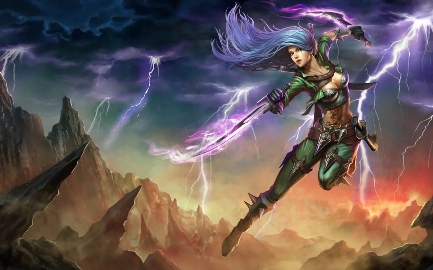 league of legends, оружие, katarina, арт, прыжок, мечи, девушка