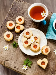 чашка, сердце, печенье, цветы, пить, чай, сладкое, формы