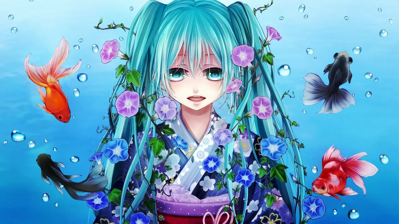 вокалоид, hatsune miku, рыбки, арт, shio, рыбы, vocaloid, девушка