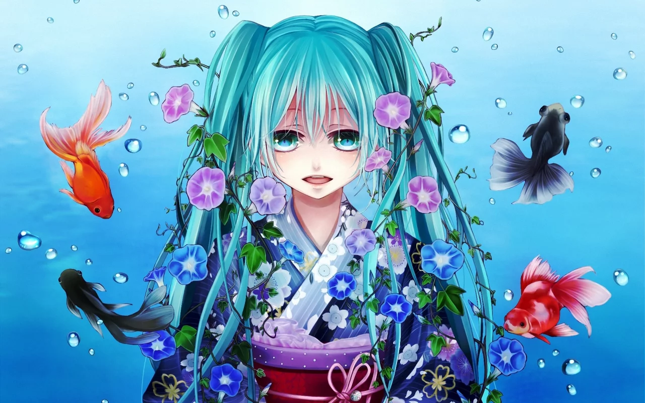 вокалоид, hatsune miku, рыбки, арт, shio, рыбы, vocaloid, девушка