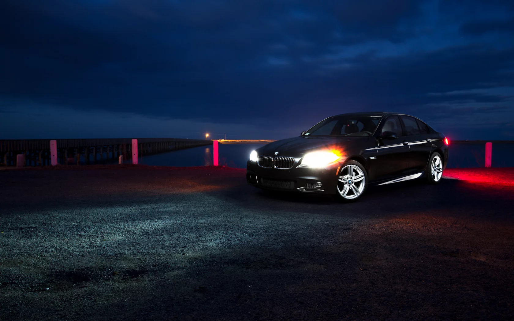 black, f10, bmw, front, берег, пирс, блики, бмв, ночь, чёрная, 5 series