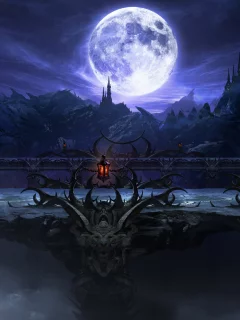 скалы, mortal kombat, замок, ночь, пейзаж, мост, арт, луна