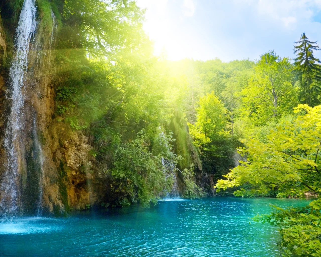 deep forest, lake, landscape, sea, nature, beautiful, waterfall, sunlight, sky, clouds, trees