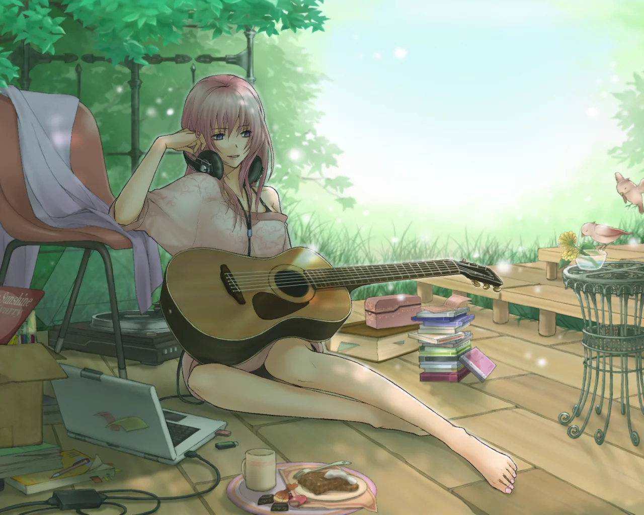  vocaloid, наушники, megurine luka, shirano, гитара, арт, девушка