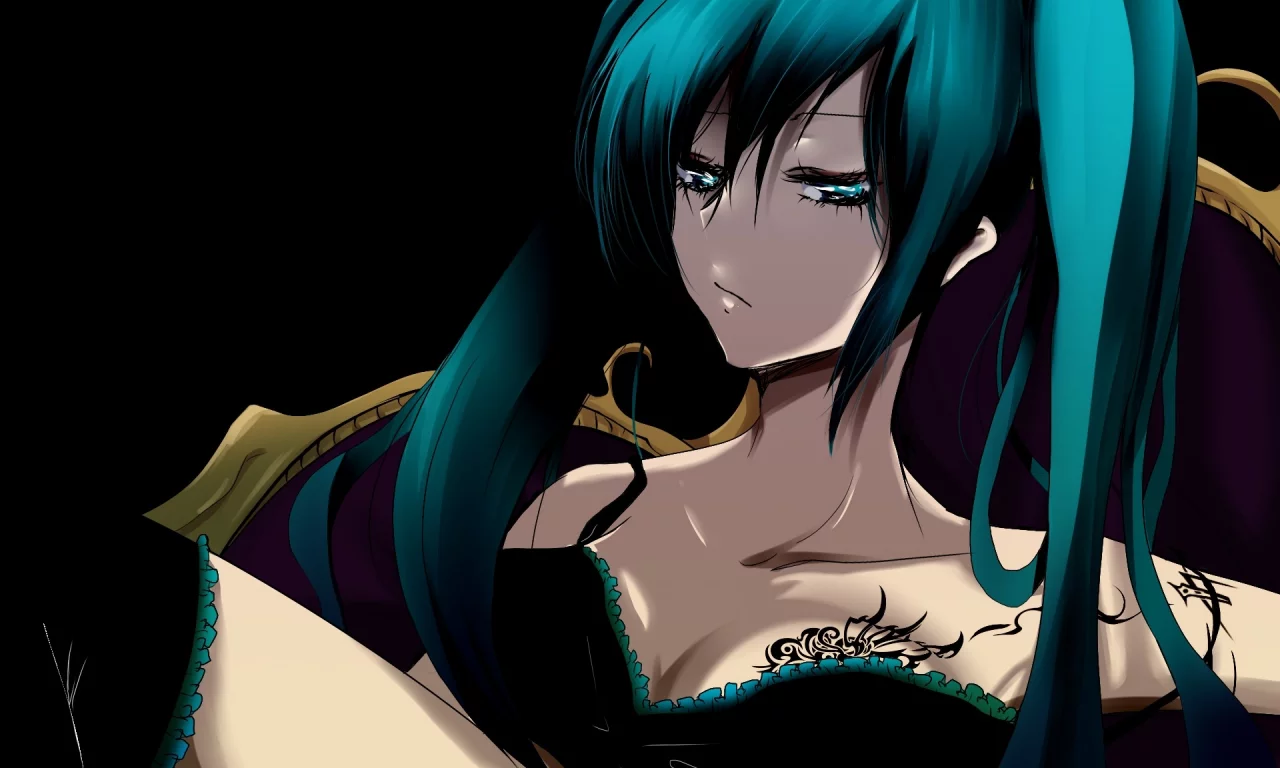 vocaloid, вокалоид, кресло, темный фон, hatsune miku, арт, девушка