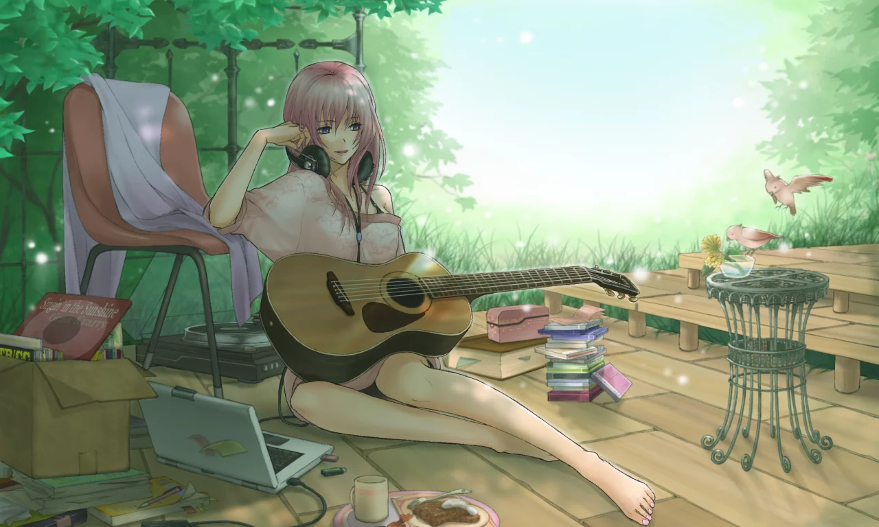  vocaloid, наушники, megurine luka, shirano, гитара, арт, девушка