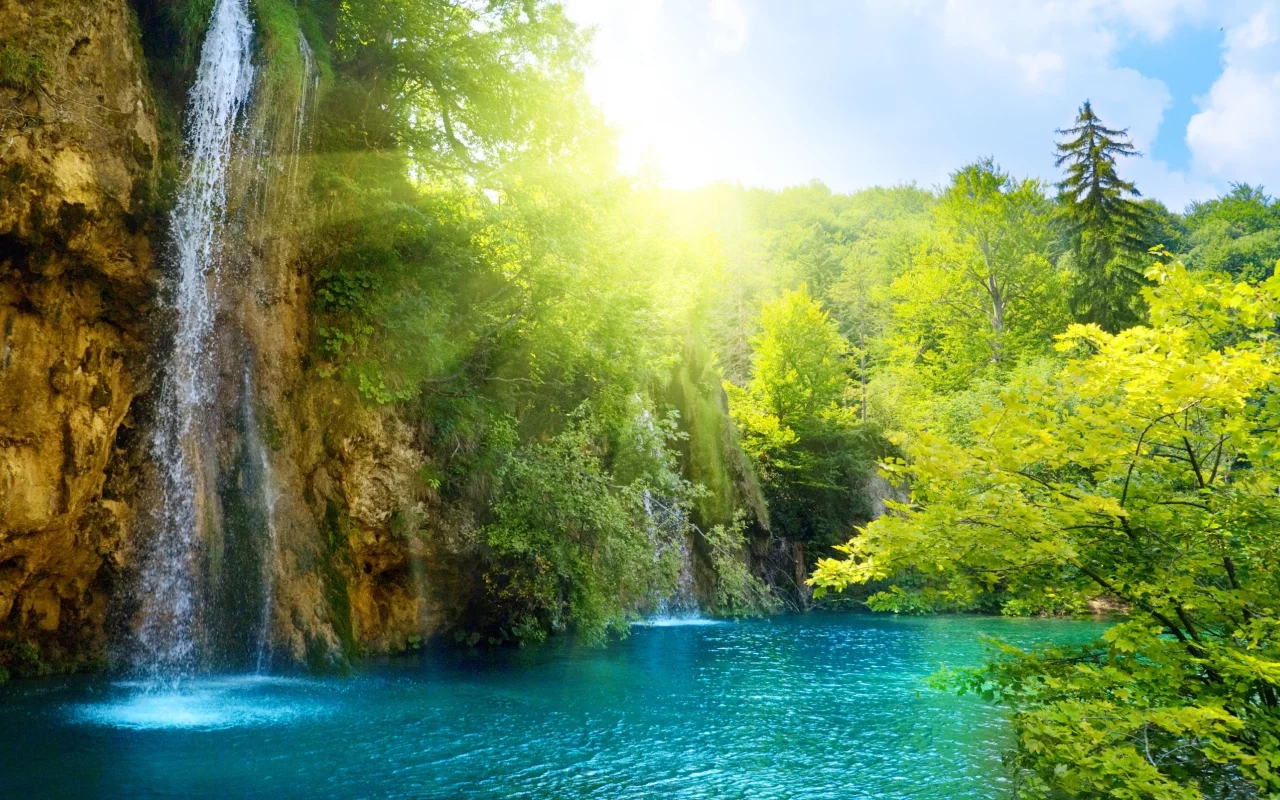 deep forest, lake, landscape, sea, nature, beautiful, waterfall, sunlight, sky, clouds, trees