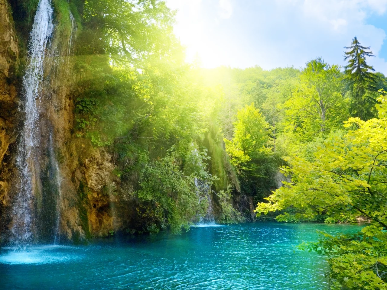 deep forest, lake, landscape, sea, nature, beautiful, waterfall, sunlight, sky, clouds, trees
