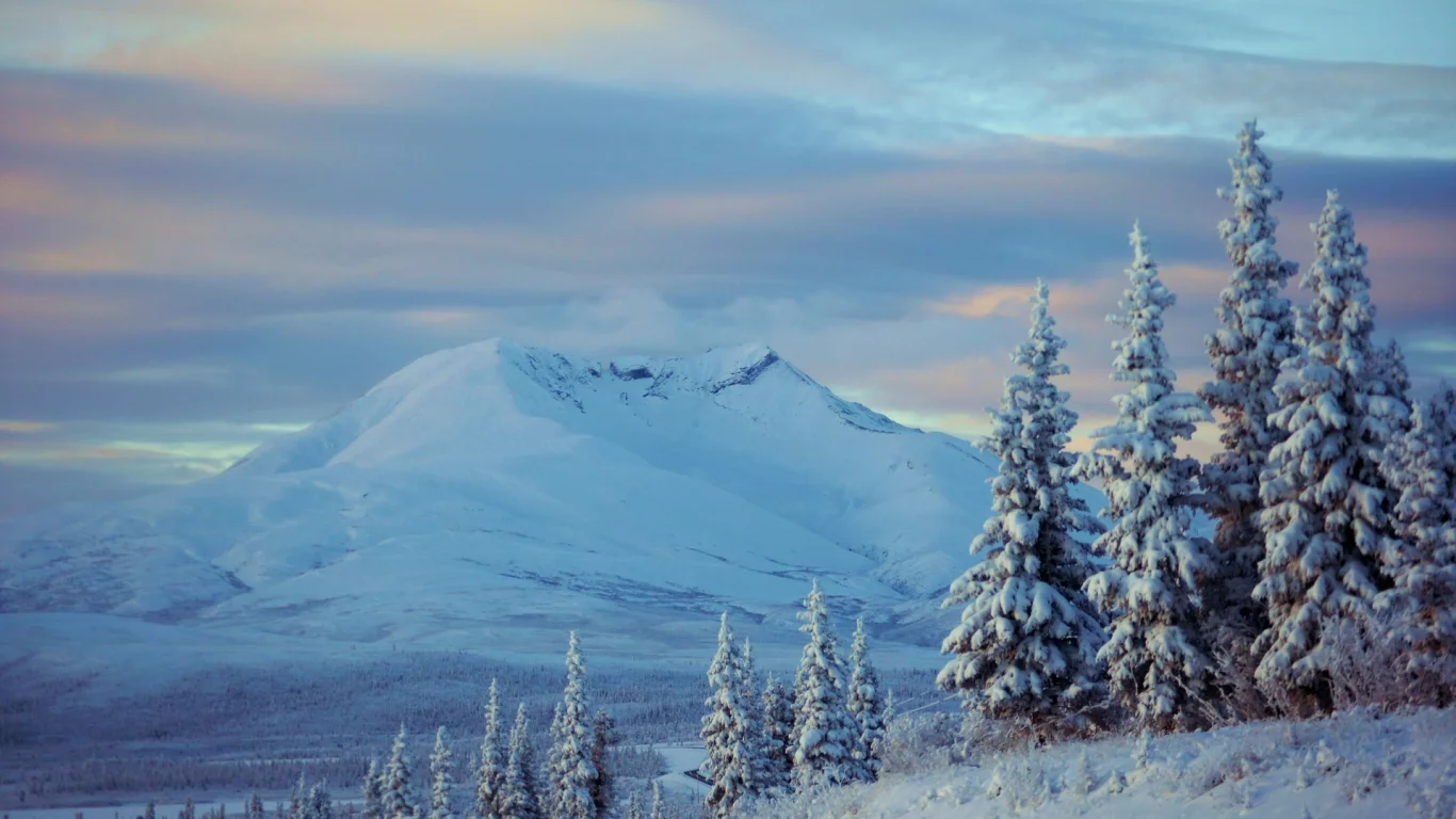зима, снег, alaska, деревья, ели, аляска, горы