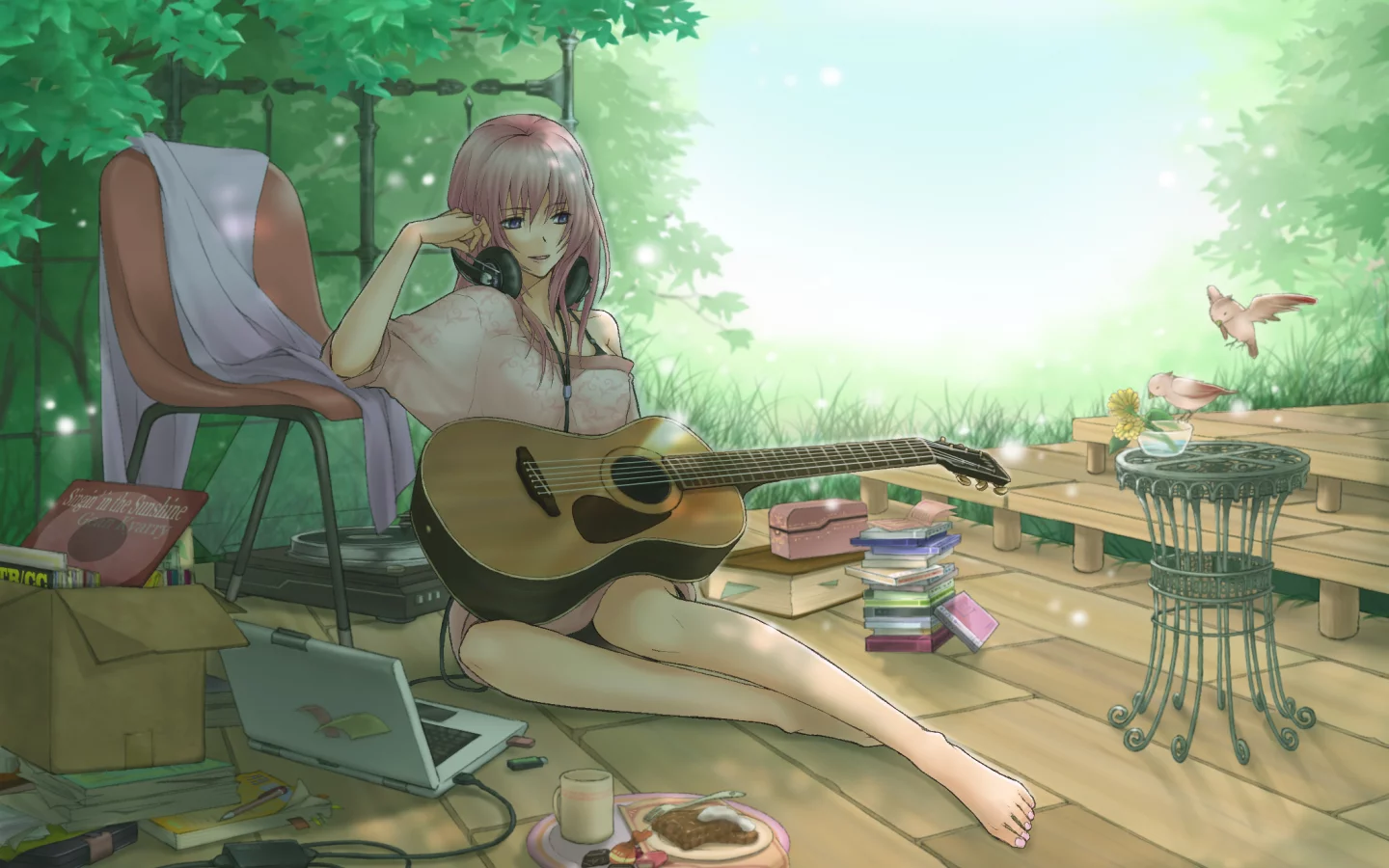  vocaloid, наушники, megurine luka, shirano, гитара, арт, девушка