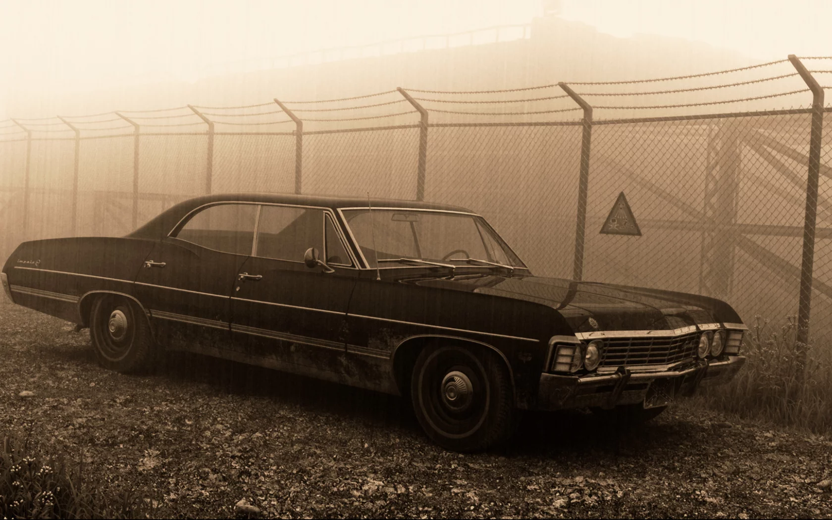 supernatural, сhevrolet impala, знак, sedan, пешотка, забор, hardtop, 1967