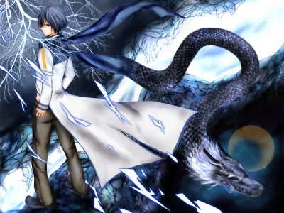 вокалоид, kaito, vocaloid, небо, звезды, арт, парень, дракон