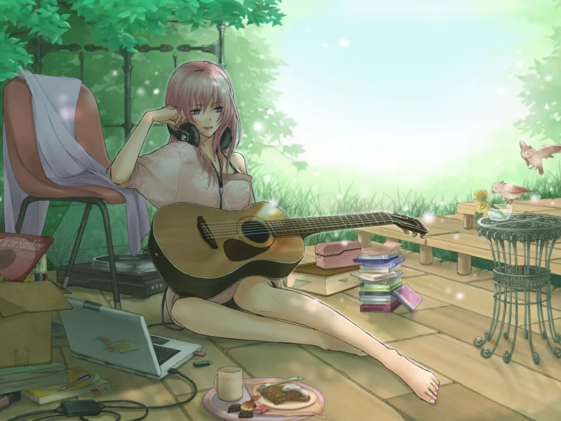  vocaloid, наушники, megurine luka, shirano, гитара, арт, девушка
