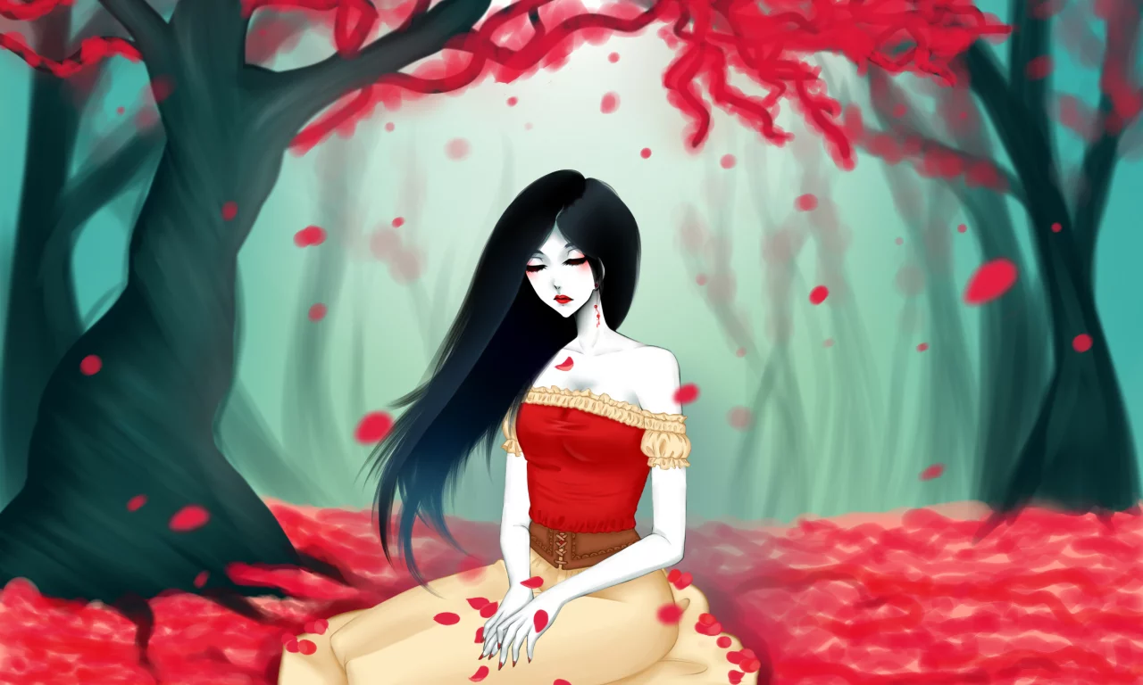 арт, красные, eirintomo , adventure time, marceline, листья, девушка