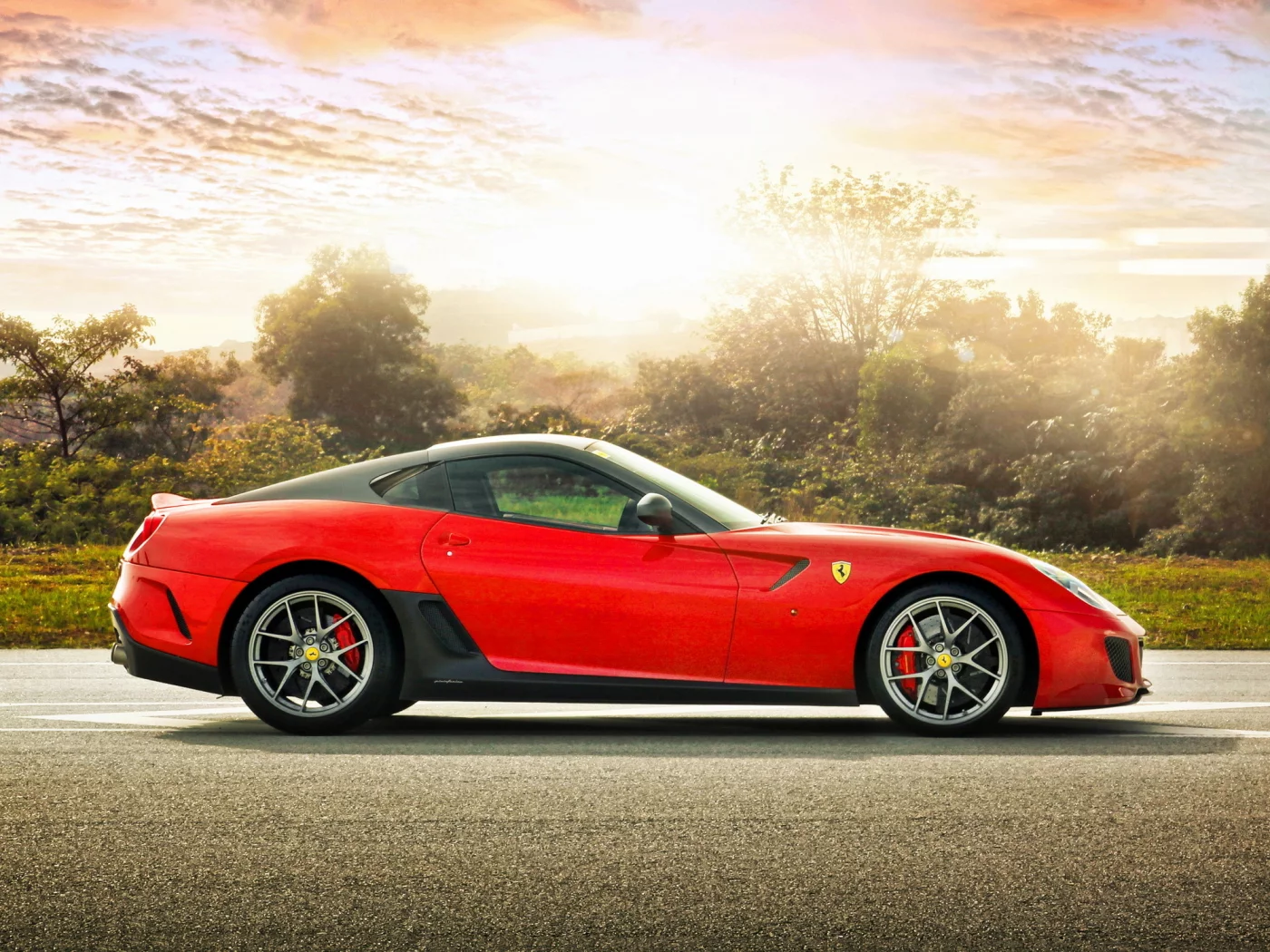 ferrari 599 gto, феррари, спорткар, деревья