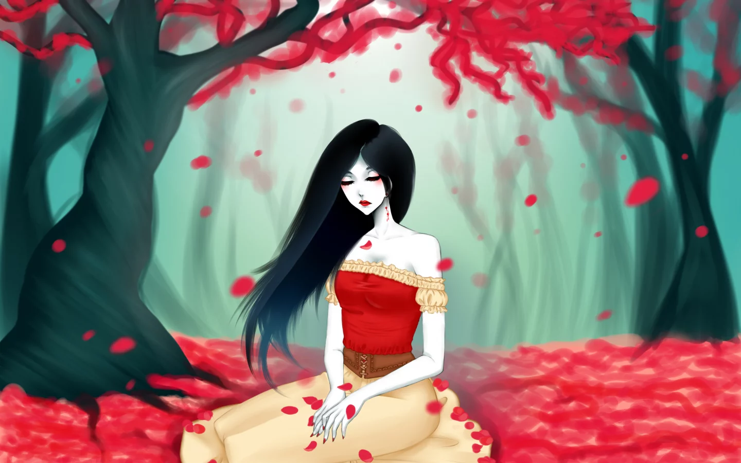 арт, красные, eirintomo , adventure time, marceline, листья, девушка