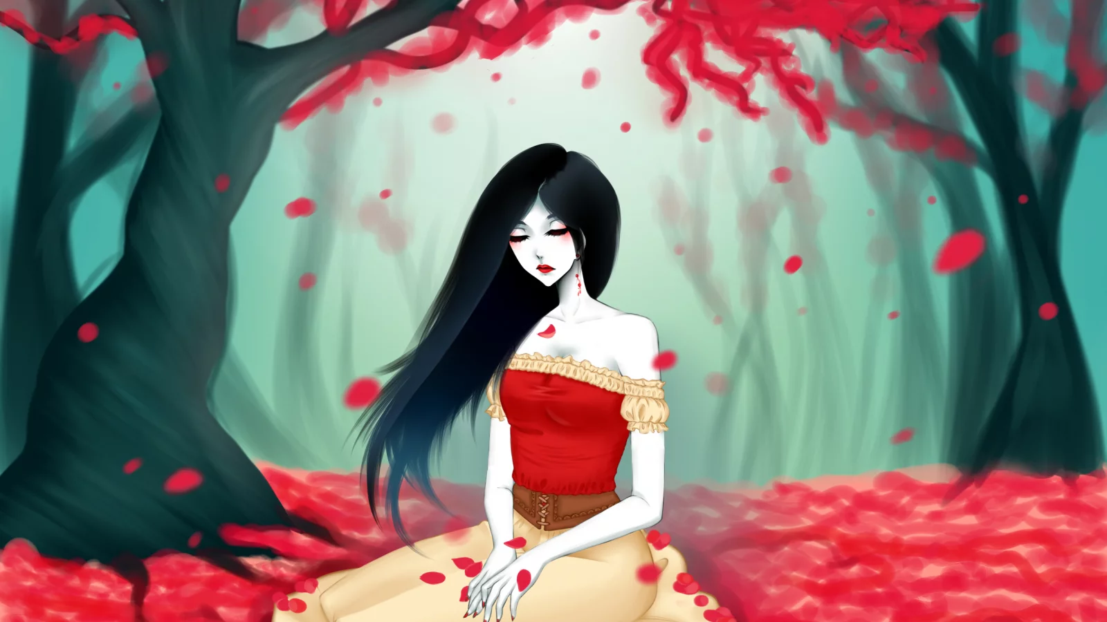 арт, красные, eirintomo , adventure time, marceline, листья, девушка
