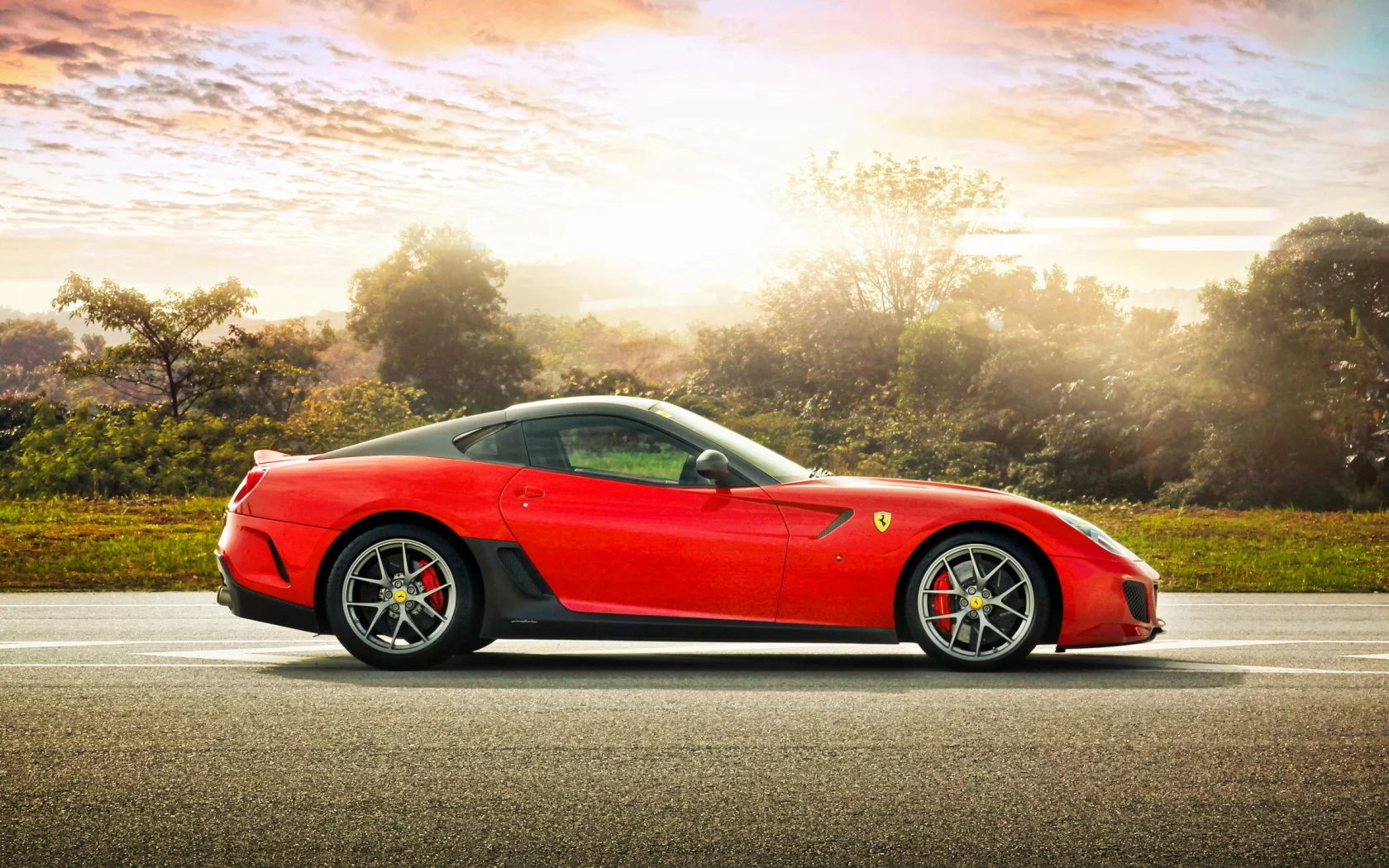 ferrari 599 gto, феррари, спорткар, деревья