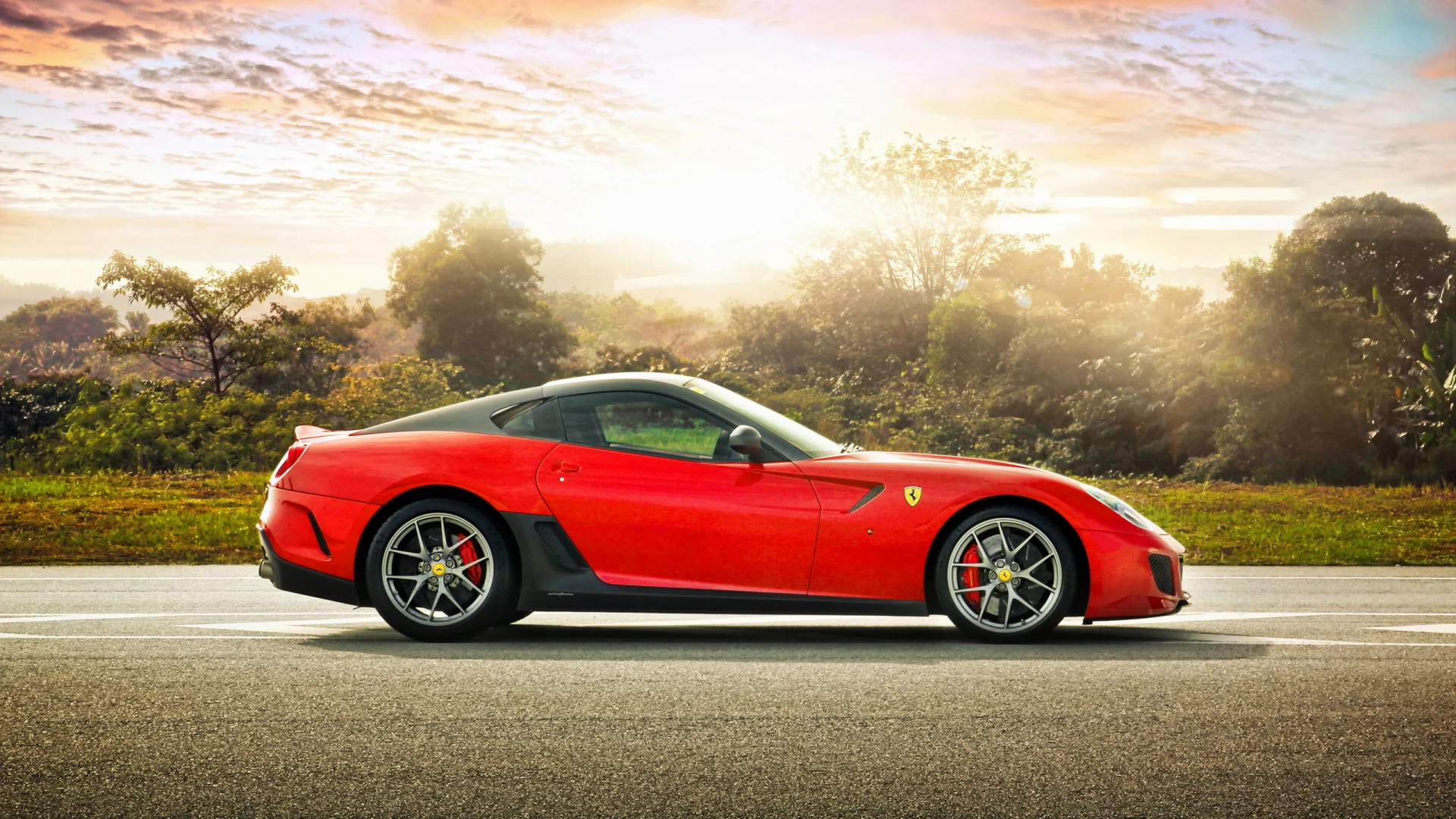 ferrari 599 gto, феррари, спорткар, деревья