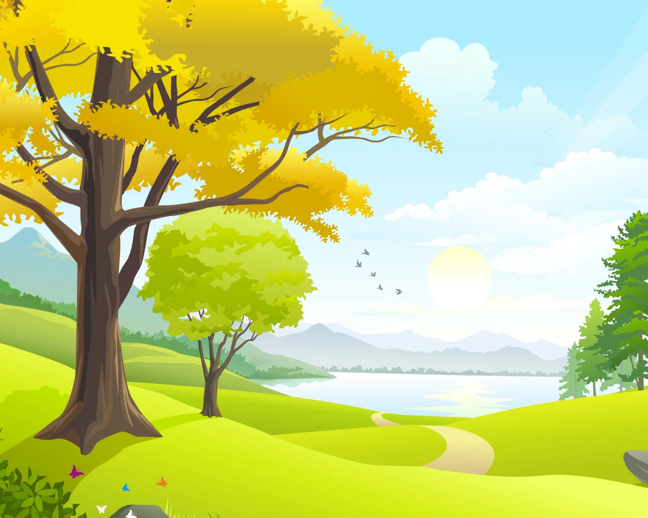 nature, road, sky, birds, trees, lake, vector art, clouds, sun, landscape, grass field