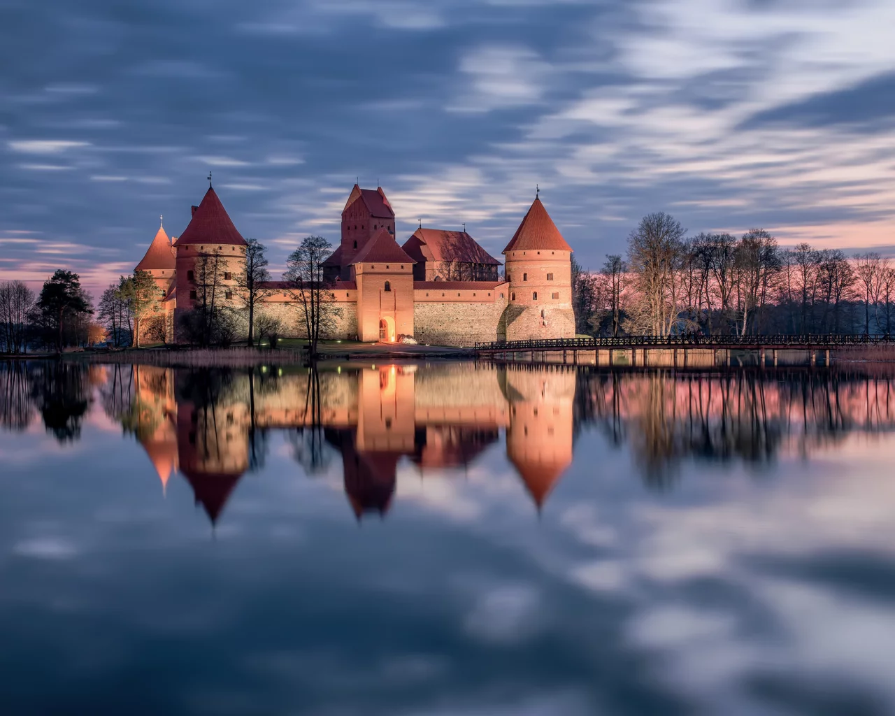 замок, литва, отражение, lithuania, озеро, тракай, закат, trakai