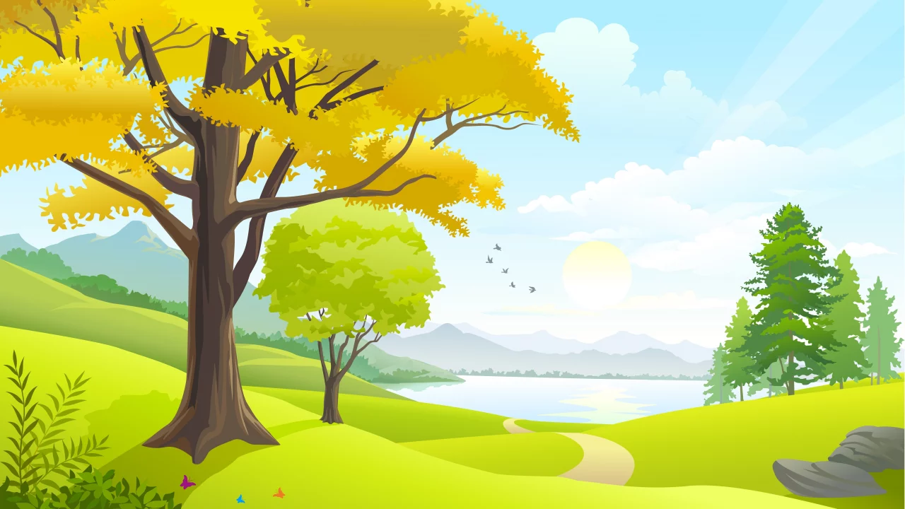 nature, road, sky, birds, trees, lake, vector art, clouds, sun, landscape, grass field