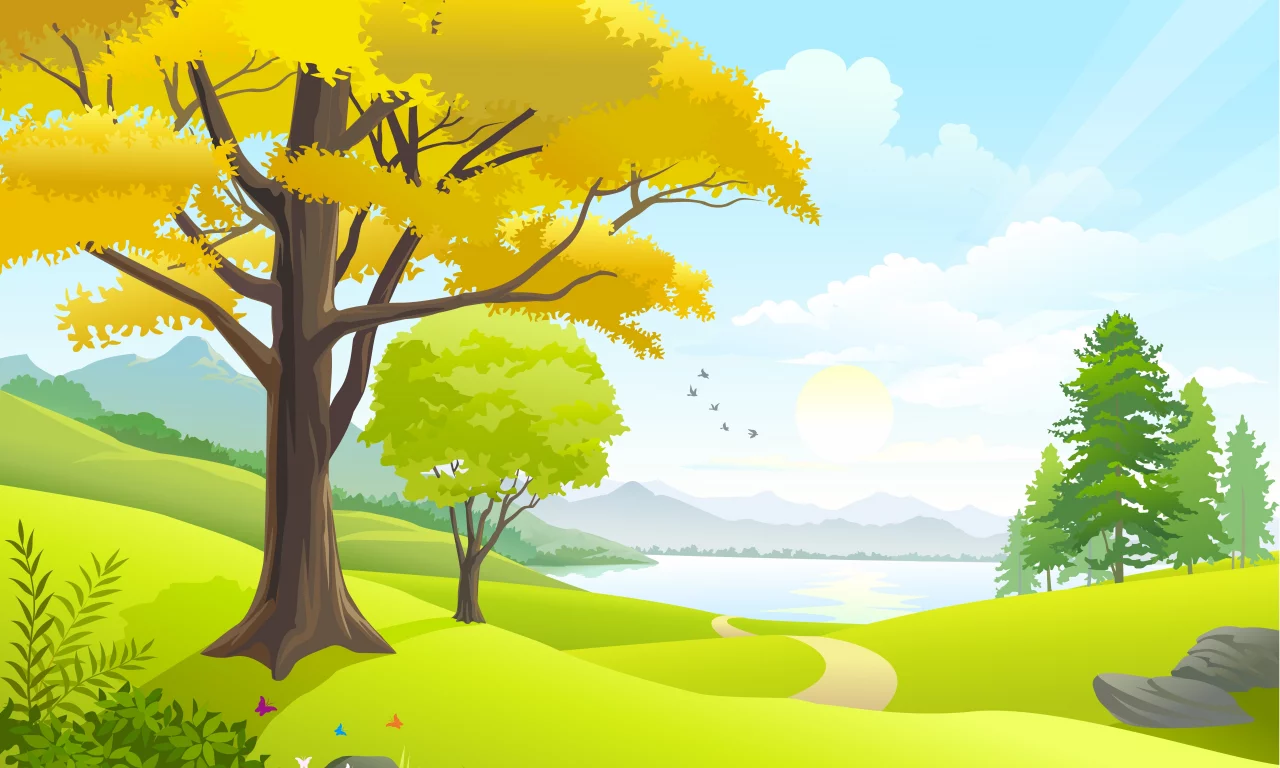nature, road, sky, birds, trees, lake, vector art, clouds, sun, landscape, grass field