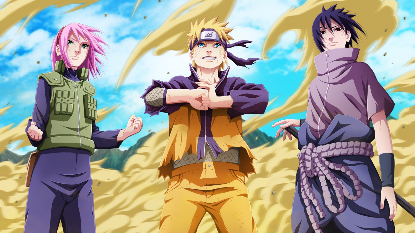 Картинка на рабочий стол uzumaki naruto, art, uchiha sasuke, девушка,  naruto999-by-roker, парни, haruno sakura 1366 x 768