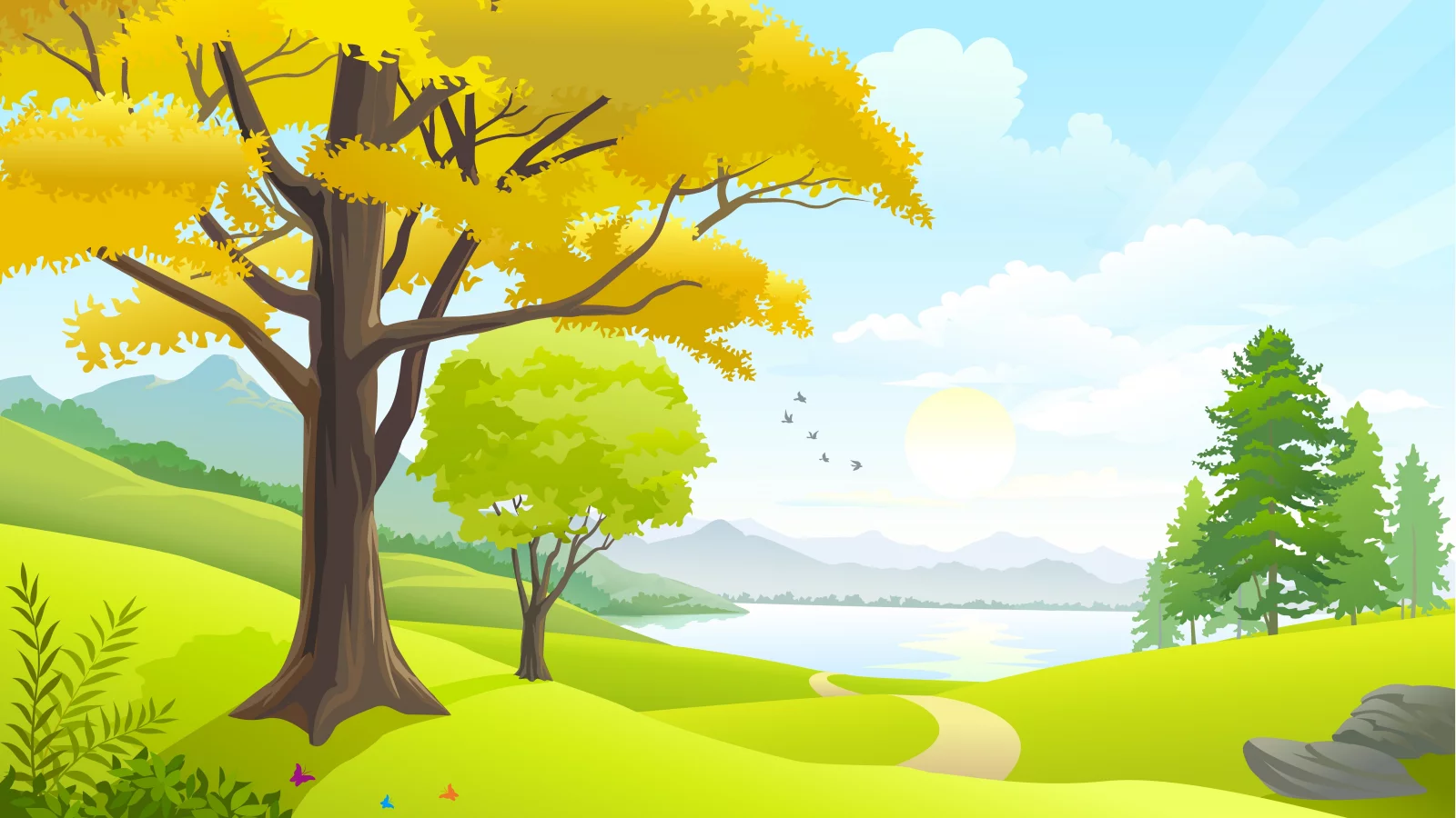nature, road, sky, birds, trees, lake, vector art, clouds, sun, landscape, grass field