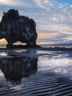 рассвет, утро, скала, залив, море, исландия