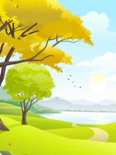 nature, road, sky, birds, trees, lake, vector art, clouds, sun, landscape, grass field