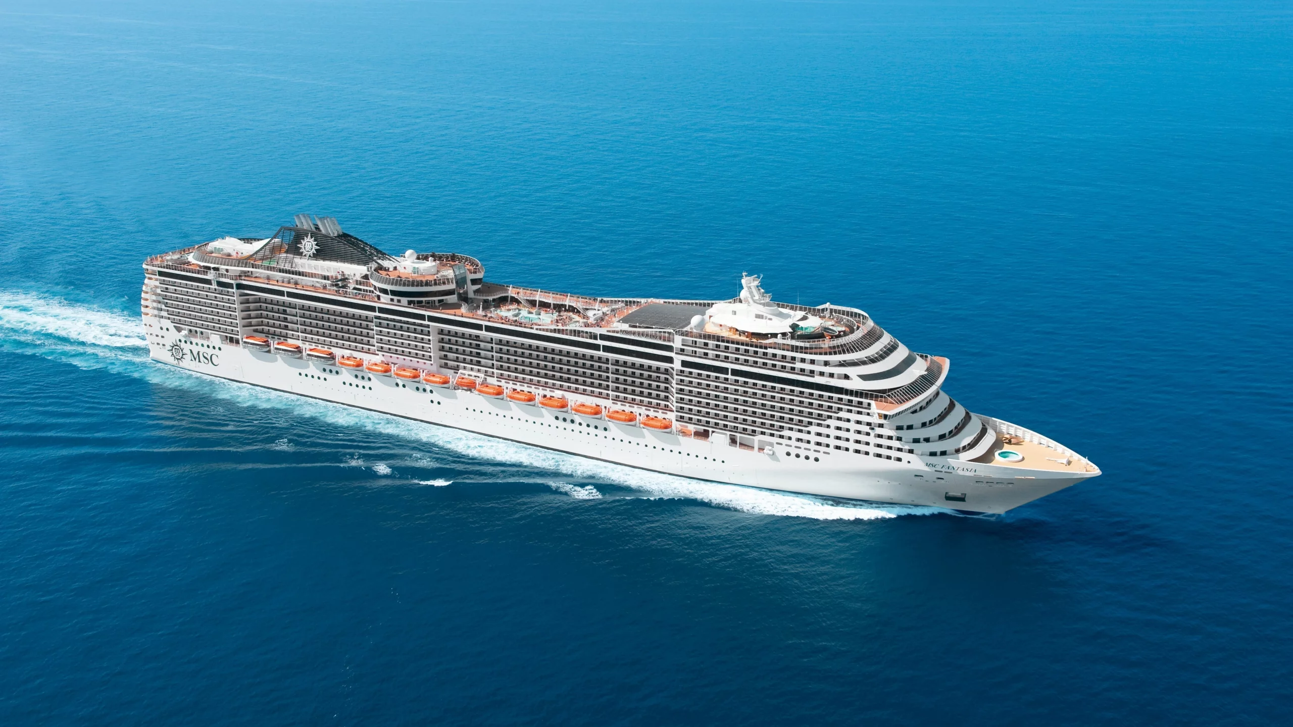 лайнер, на ходу, msc, fantasia, вода, день, море, судно, белый